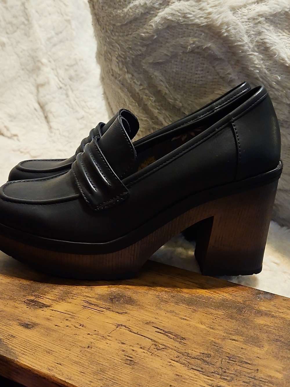Kork-Ease Black Platform Loafers with Wood-Effect Block Heel